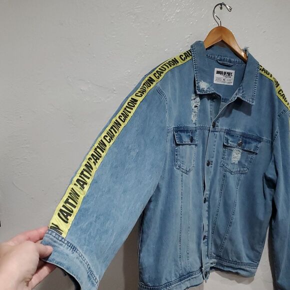 DC Birds of Prey Harley Quinn Denim Jacket with Caution Tape and Flag Detail - Picture 3 of 15